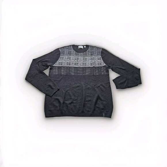 Calvin Klein Sweater Men L Gray Black Crewneck LS Italian Yarn Wool Blend Casual - Picture 3 of 15